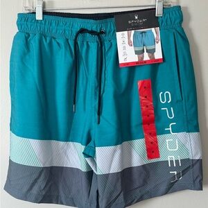Spyder Swim Trunks Men Med Green Gray Mesh Lined Bathing Suit UPF 7.5 inseam